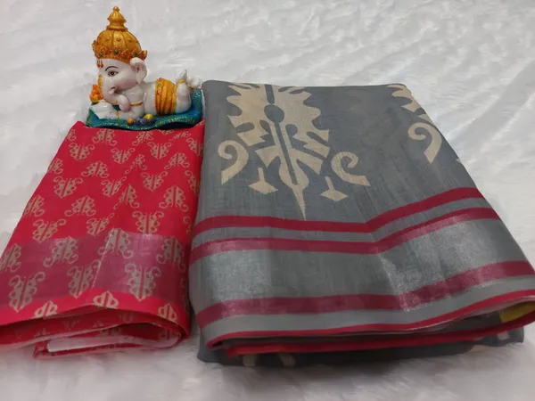Elegant_Grey_Ikat_Printed_Linan_Cotton_Saree_For_Women