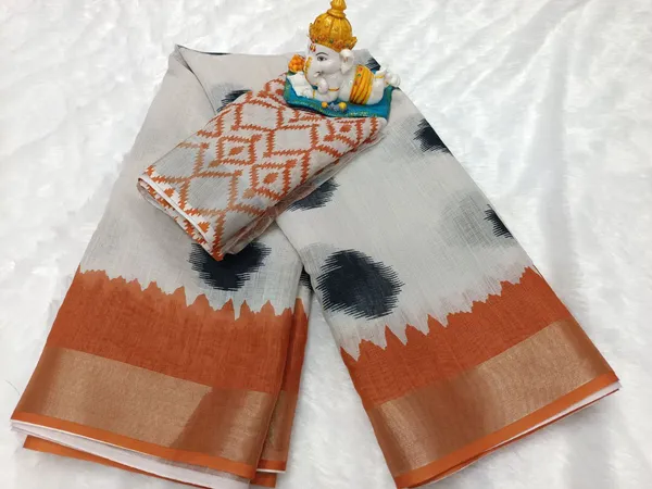 Trendy_White_Linan_Cotton_Saree_With_Black_Polka_Dots_For_Women