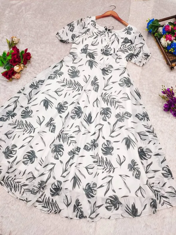 White_And_Black_Leaf_Heavy_Georgett_Dress_For_Women