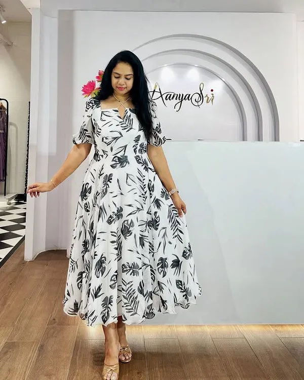 White_And_Black_Leaf_Heavy_Georgett_Dress_For_Women
