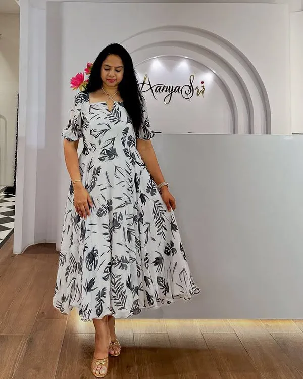 White_And_Black_Leaf_Heavy_Georgett_Dress_For_Women