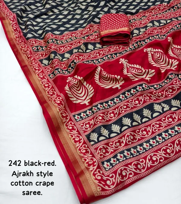 Black_And_Red__Soft_Cotton_Crepe_Ajarakh_Printed_Saree_For_Women