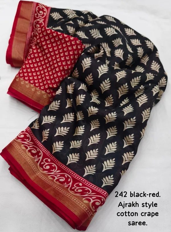 Black_And_Red__Soft_Cotton_Crepe_Ajarakh_Printed_Saree_For_Women