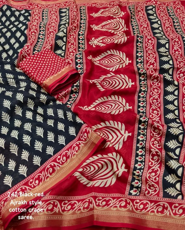 Black_And_Red__Soft_Cotton_Crepe_Ajarakh_Printed_Saree_For_Women