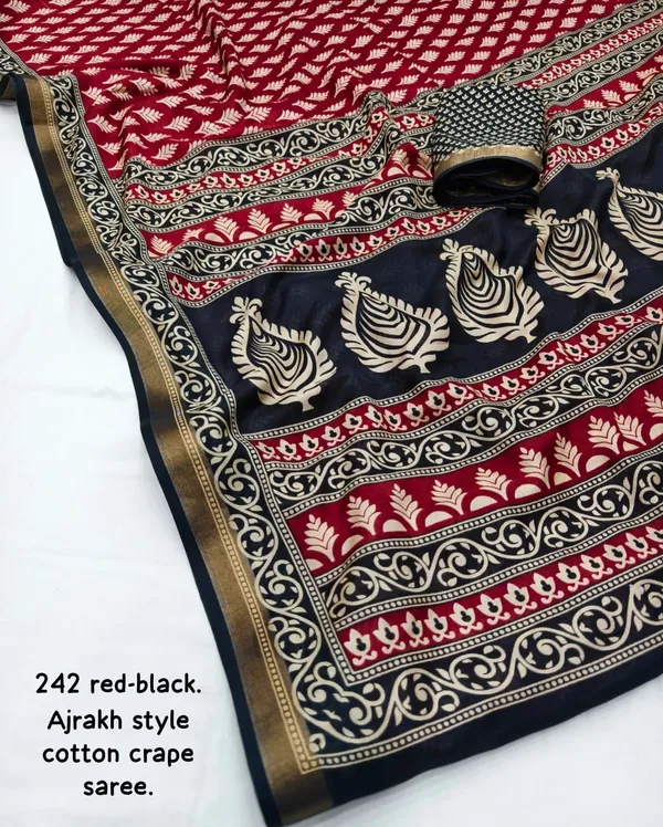 Red_And_Black_Soft_Cotton_Crepe_Ajarakh_Printed_Saree_For_Women