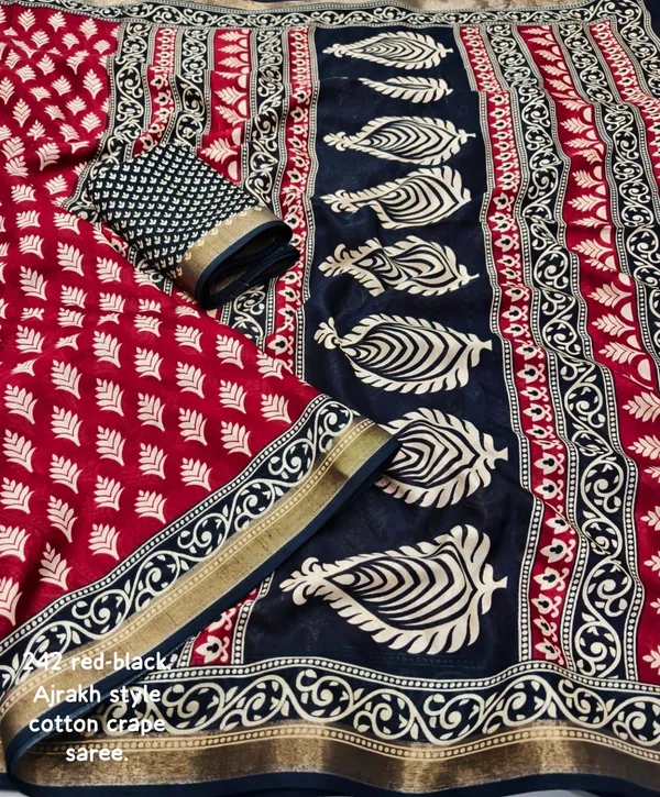 Red_And_Black_Soft_Cotton_Crepe_Ajarakh_Printed_Saree_For_Women