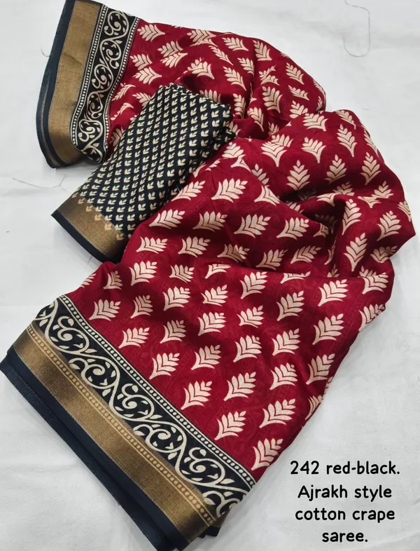 Red_And_Black_Soft_Cotton_Crepe_Ajarakh_Printed_Saree_For_Women