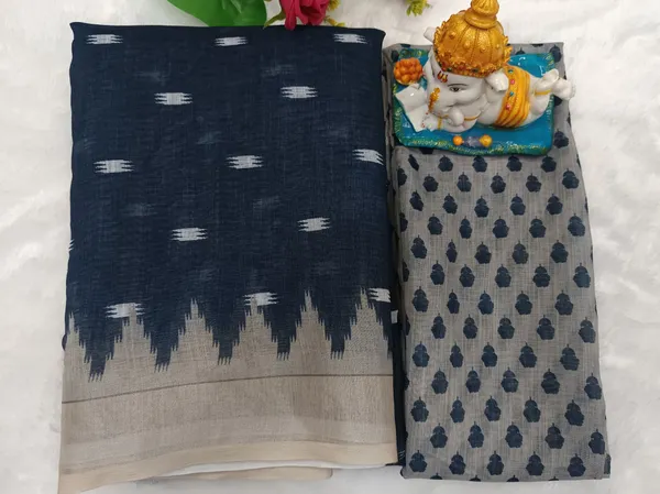 Dark_Blue_And_Off-White_Handloom_Linan_Cottonikat_Saree_For_Women