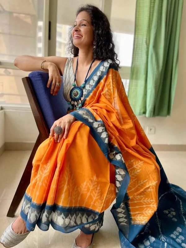 Vibrant_Orange_Ikat_Cotton_Saree_For_Women