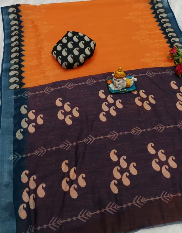 Vibrant_Orange_Ikat_Cotton_Saree_For_Women