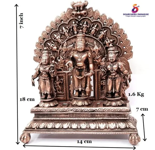Brownish-Orange_Copper_Idols_Of_God_Srinivasa_Perumal_With_Sridevi_And_Bhudevi_With_Pabhavali_7_Inch,_1.6_Kg,_Patina_Antique_Finish,_Pack_Of_1_Piece