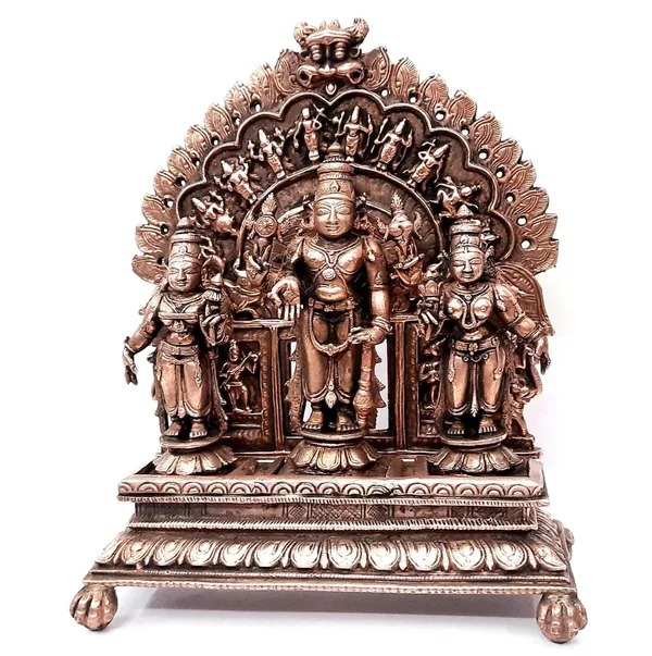 Brownish-Orange_Copper_Idols_Of_God_Srinivasa_Perumal_With_Sridevi_And_Bhudevi_With_Pabhavali_7_Inch,_1.6_Kg,_Patina_Antique_Finish,_Pack_Of_1_Piece
