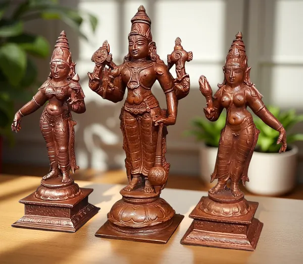 Brownish-Orange_Copper_Idols_Of_God_Srinivasa_Perumal_With_Sridevi_And_Bhudevi,_6_Inches,_1.4_Kg,_Patina_Antique_Finish,_Pack_Of_3_Piece