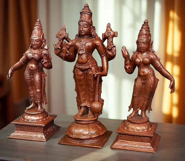 Brownish-Orange_Copper_Idols_Of_God_Srinivasa_Perumal_With_Sridevi_And_Bhudevi,_6_Inches,_1.4_Kg,_Patina_Antique_Finish,_Pack_Of_3_Piece