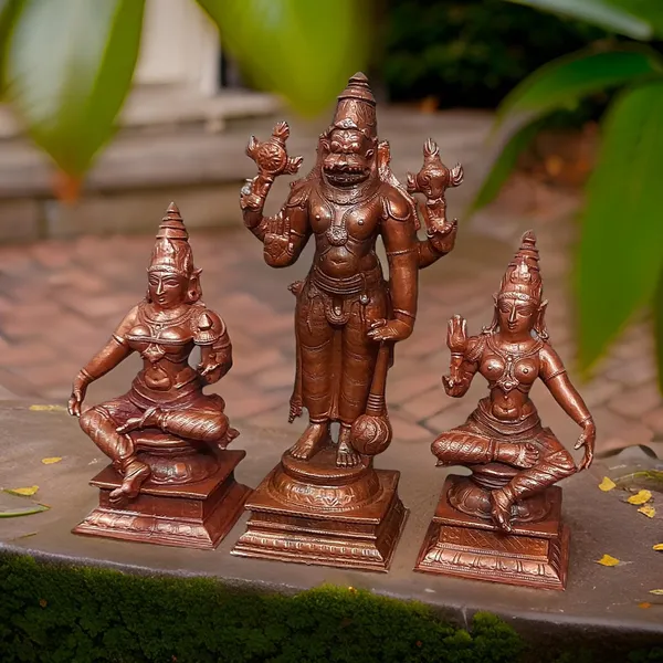 Brown_Handmade_Copper_Narasimhar_Sridevi,_Bhudevi_Combo_Set,_6.1_Inch,_1.7_Kg,_Pack_Of_Piece