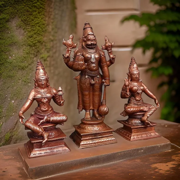 Brown_Handmade_Copper_Narasimhar_Sridevi,_Bhudevi_Combo_Set,_6.1_Inch,_1.7_Kg,_Pack_Of_Piece