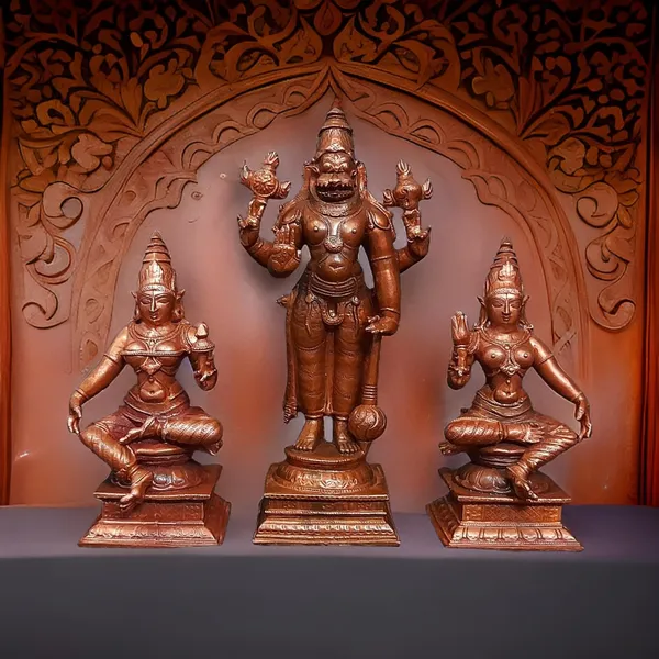 Brown_Handmade_Copper_Narasimhar_Sridevi,_Bhudevi_Combo_Set,_6.1_Inch,_1.7_Kg,_Pack_Of_Piece