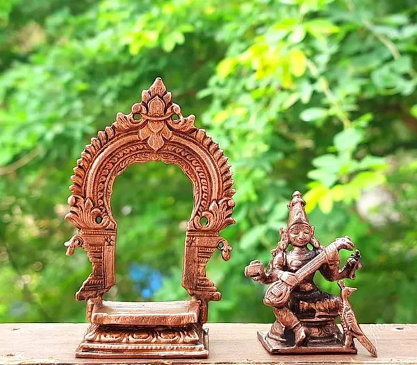 Brownish-Orange_Copper_Idolsby,_3.3_Inches_Handmade_Goddess_Saraswathi_With_Prabhavalli,_146G,_Patina_Antique_Finish,_Pack_Of_2_Piece