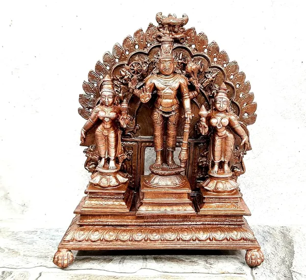 Brownish-Orange_Copper_Idols_Of_God_Srinivasa_Perumal_With_Sridevi_And_Bhudevi_With_Dasavadhara_Prabhavali_By_Searchers_Paradise,_7.2_Inches,_1.8_Kg,_Patina_Antique_Finish,_Pack_Of_4_Piece