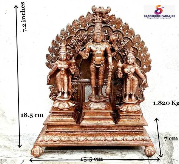 Brownish-Orange_Copper_Idols_Of_God_Srinivasa_Perumal_With_Sridevi_And_Bhudevi_With_Dasavadhara_Prabhavali_By_Searchers_Paradise,_7.2_Inches,_1.8_Kg,_Patina_Antique_Finish,_Pack_Of_4_Piece