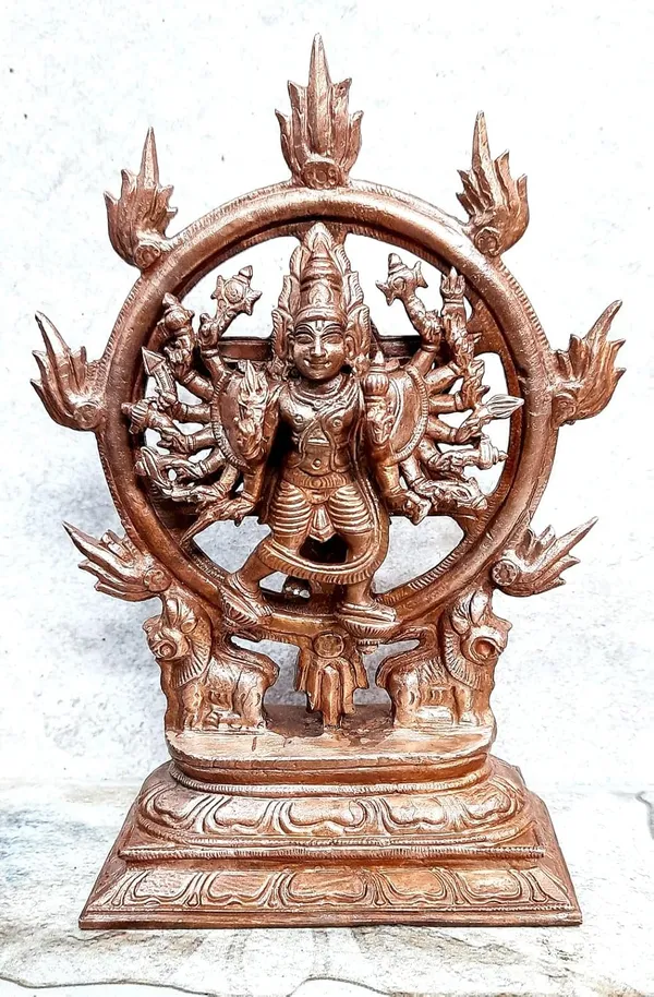 Brownish_Orange_Copper_Idol_Of_God_Chakrathualwar,_6.8_Inches,_1.3_Kg,_Patina_Antique_Finish,_Pack_Of_1_Piece,_For_Home_Pooja.