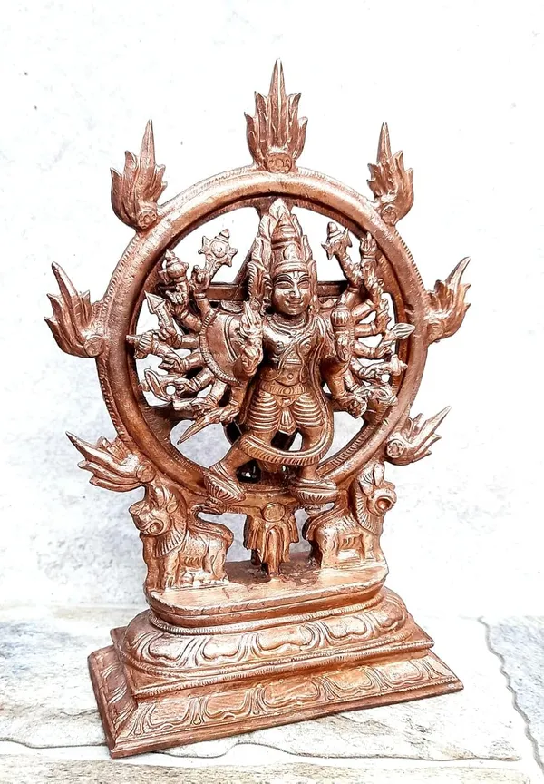 Brownish_Orange_Copper_Idol_Of_God_Chakrathualwar,_6.8_Inches,_1.3_Kg,_Patina_Antique_Finish,_Pack_Of_1_Piece,_For_Home_Pooja.