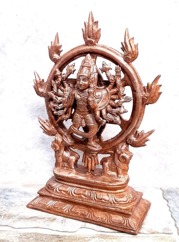 Brownish_Orange_Copper_Idol_Of_God_Chakrathualwar,_6.8_Inches,_1.3_Kg,_Patina_Antique_Finish,_Pack_Of_1_Piece,_For_Home_Pooja.