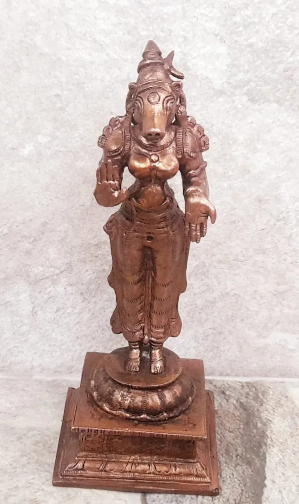 Brownish-Orange_Copper_Idols_India,_4.8_Inches,_Handmade_Standing_Goddess_Varahi,_380_Gram,_Patina_Antique_Finish,_Pack_Of_1_Piece