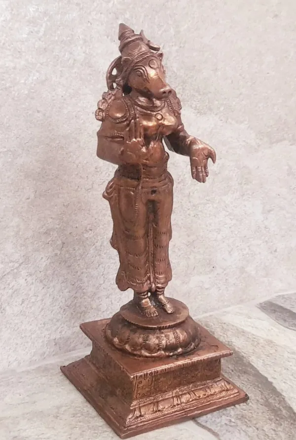 Brownish-Orange_Copper_Idols_India,_4.8_Inches,_Handmade_Standing_Goddess_Varahi,_380_Gram,_Patina_Antique_Finish,_Pack_Of_1_Piece