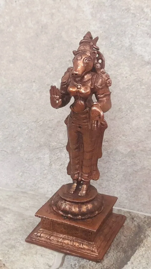 Brownish-Orange_Copper_Idols_India,_4.8_Inches,_Handmade_Standing_Goddess_Varahi,_380_Gram,_Patina_Antique_Finish,_Pack_Of_1_Piece