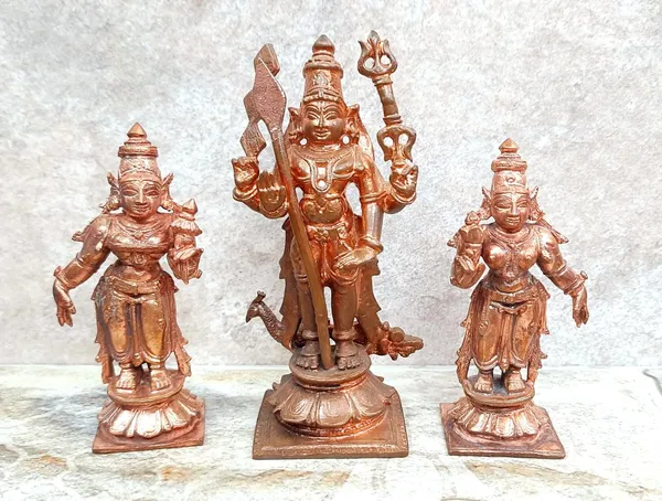 Brownish-Orange_Copper_Idols_Of_God_Murugar_With_Valli_And_Deivanani_By_Searchers_Paradise,_4.5_Inches,_620,_Patina_Antique_Finish,_Pack_Of_3_Piece