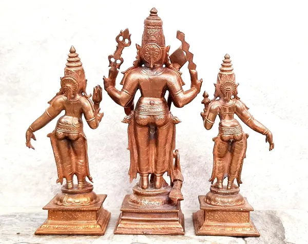 Brownish-Orange_Copper_Idols_Of_God_Murugar_With_Valli_And_Deivanani_By_Searchers_Paradise,_6.2_Inches,_1.6Kg,_Patina_Antique_Finish,_Pack_Of_3_Piece