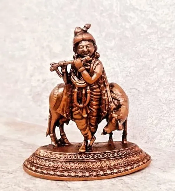 Brownish-Orange_Copper_Idols_India,_2.4_Inches,_Handmade_Krishna_With_Cow_Idol,_107G,_Patina_Antique_Finish,_Pack_Of_1_Piece