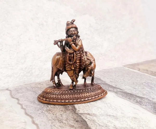 Brownish-Orange_Copper_Idols_India,_2.4_Inches,_Handmade_Krishna_With_Cow_Idol,_107G,_Patina_Antique_Finish,_Pack_Of_1_Piece