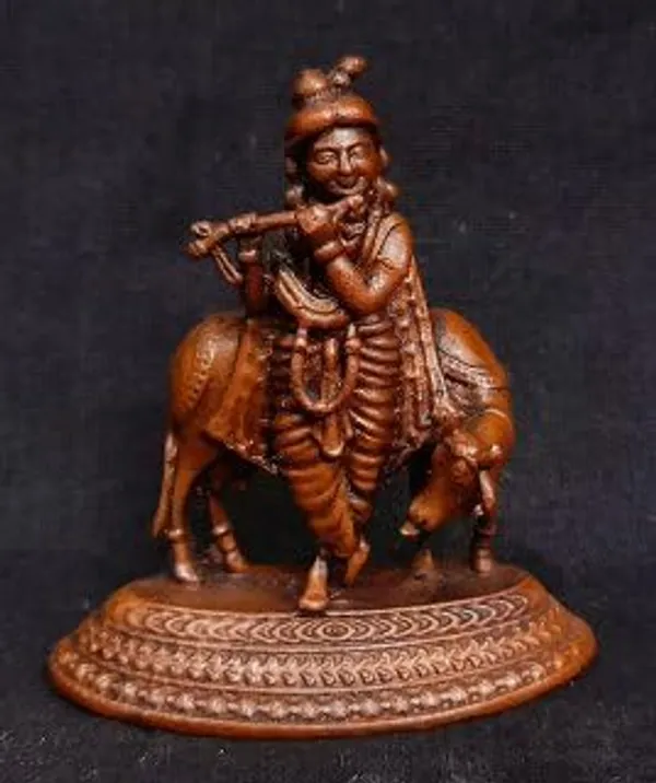 Brownish-Orange_Copper_Idols_India,_2.4_Inches,_Handmade_Krishna_With_Cow_Idol,_107G,_Patina_Antique_Finish,_Pack_Of_1_Piece