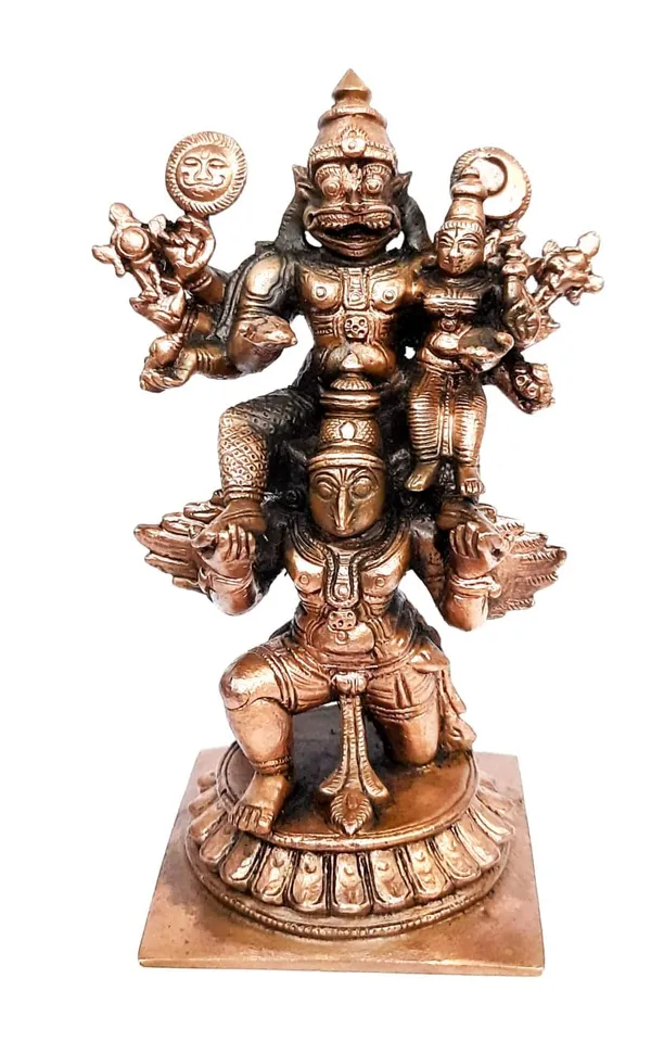 Brownish-Orange_Copper_Idols_Of_God_Lakshmi_Narasimhar_With_Garuda_Vahanam_By_Searchers_Paradise,_4.7_Inches,_510_Gram,_Patina_Antique_Finish,_Pack_Of_1_Piece