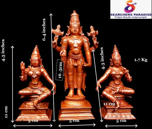 Brownish-Orange_Copper_Idols_Of_God_Srinivasa_Perumal_With_Sridevi_And_Bhudevi_By_Searchers_Paradise,_6.2_Inches,_1.635_Kg,_Patina_Antique_Finish,_Pack_Of_3_Piece
