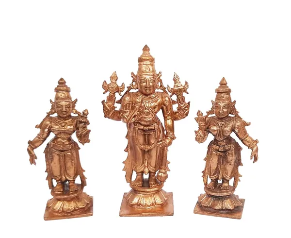 Brownish-Orange_Copper_Idols_Of_God_Srinivasa_Perumal_With_Sridevi_And_Bhudevi_By_Searchers_Paradise,_4.1_Inches,_520G,_Patina_Antique_Finish,_Pack_Of_3_Piece