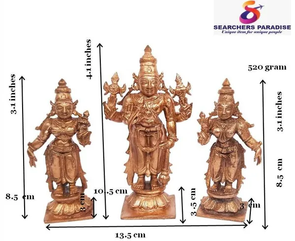 Brownish-Orange_Copper_Idols_Of_God_Srinivasa_Perumal_With_Sridevi_And_Bhudevi_By_Searchers_Paradise,_4.1_Inches,_520G,_Patina_Antique_Finish,_Pack_Of_3_Piece