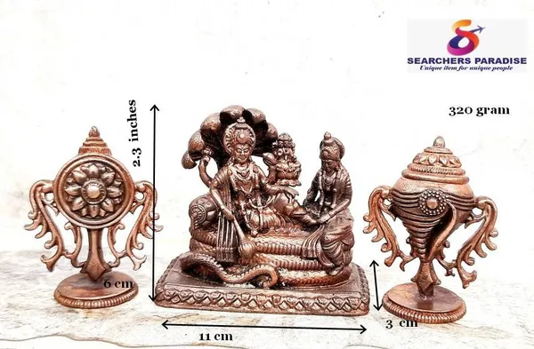Brownish-Orange_Copper_Idols_Of_God_Vishnu_Along_With_Mahalakshmi_Lying_In_Adisesha_Sanghu_Chakram_By_Searchers_Paradise,_2.3_Inches,_320G,_Patina_Antique_Finish,_Pack_Of_3_Piece