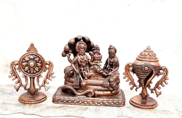 Brownish-Orange_Copper_Idols_Of_God_Vishnu_Along_With_Mahalakshmi_Lying_In_Adisesha_Sanghu_Chakram_By_Searchers_Paradise,_2.3_Inches,_320G,_Patina_Antique_Finish,_Pack_Of_3_Piece