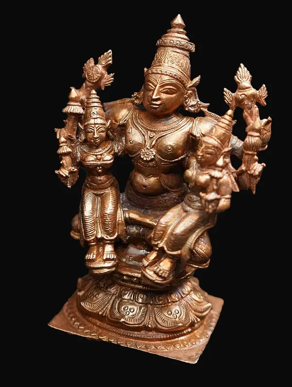 Brown_Copper_Idols_Of_God_Srinivasa_Perumal_With_Sridevi_Bhudevi,_4.2_Inches,_805_Gram,_Pack_Of_1_Piece
