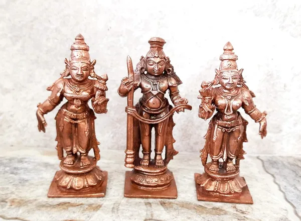Brownish-Orange_Copper_Idols_Of_God_Udupi_Krishna,_3.1_Inches,_420G_With_Sridevi_Bhudevi,_Patina_Antique_Finish,_Pack_Of_3_Piece