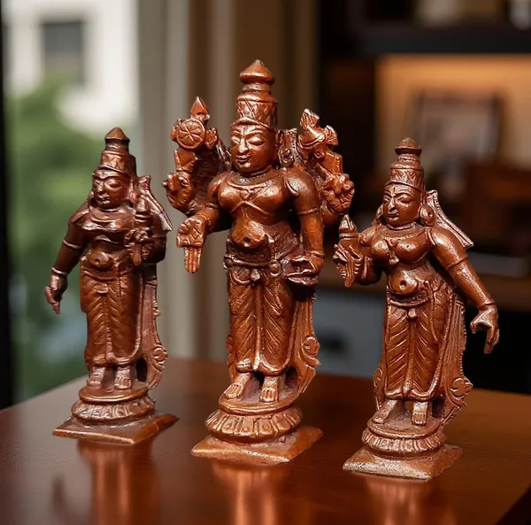 Brownish-Orange_Copper_Idols_Of_God_Srinivasa_Perumal_With_Sridevi_And_Bhudevi,_7.3_Cm,_200_G,_Patina_Antique_Finish,_Pack_Of_1_Piece