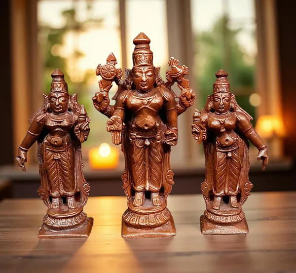 Brownish-Orange_Copper_Idols_Of_God_Srinivasa_Perumal_With_Sridevi_And_Bhudevi,_7.3_Cm,_200_G,_Patina_Antique_Finish,_Pack_Of_1_Piece