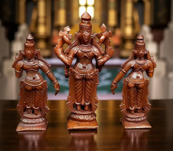 Brownish-Orange_Copper_Idols_Of_God_Srinivasa_Perumal_With_Sridevi_And_Bhudevi,_7.3_Cm,_200_G,_Patina_Antique_Finish,_Pack_Of_1_Piece