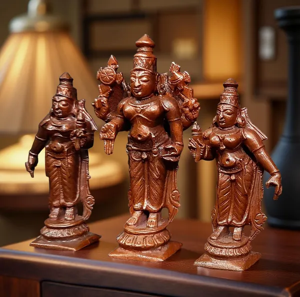 Brownish-Orange_Copper_Idols_Of_God_Srinivasa_Perumal_With_Sridevi_And_Bhudevi,_7.3_Cm,_200_G,_Patina_Antique_Finish,_Pack_Of_1_Piece