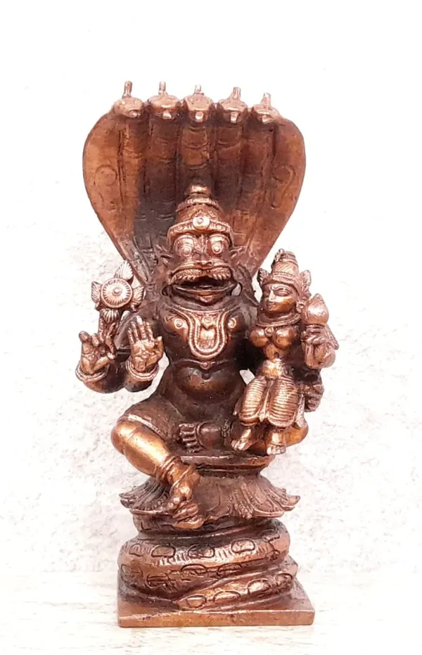Brownish-Orange_Copper_Idols_Of_God_Lakshmi_Narasimhar_Sitting_In_Adhisesha,_3.9_Inch,_380_Gram,_Patina_Antique_Finish,_Pack_Of_1_Piece