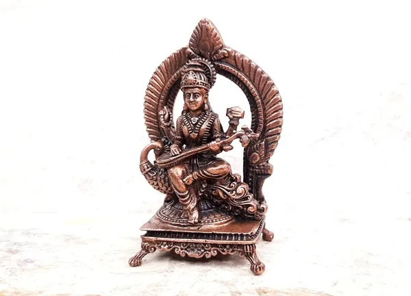 Brownish-Orange_Copper_Idolsby,_8.5_Cm,_Handmade_Goddess_Saraswathi_Idol_With_Stand_156_Gram,_Patina_Antique_Finish,_Pack_Of_1_Piece
