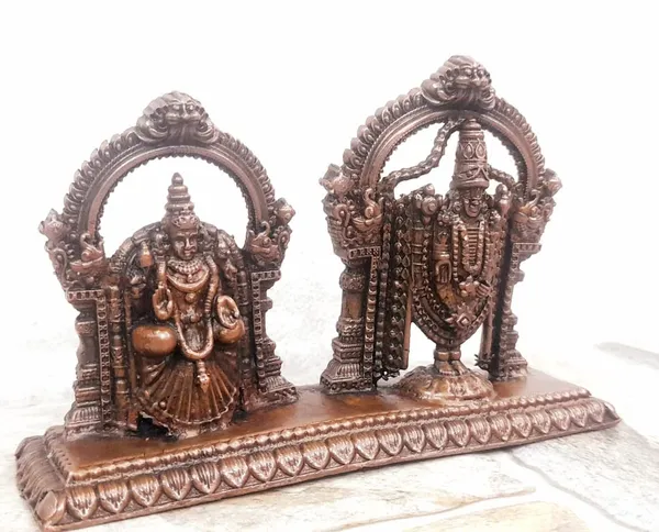 Brownish-Orange_Copper_Idols_India,_3.1_Inches,_Handmade_Lord_Balaji_With_Lakshmi,_295G,_Patina_Antique_Finish,_Pack_Of_1_Piece